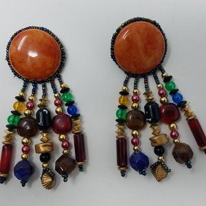 Vintage Southwestern Earrings Beaded Dangle Orange Statement Pierced